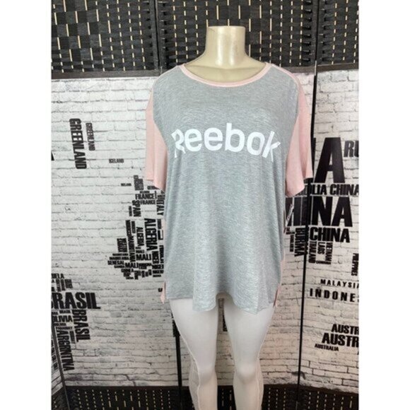 Reebok XXXL Gray-Pink Logo Crew Neck Short Sleeve Tee - Picture 1 of 5